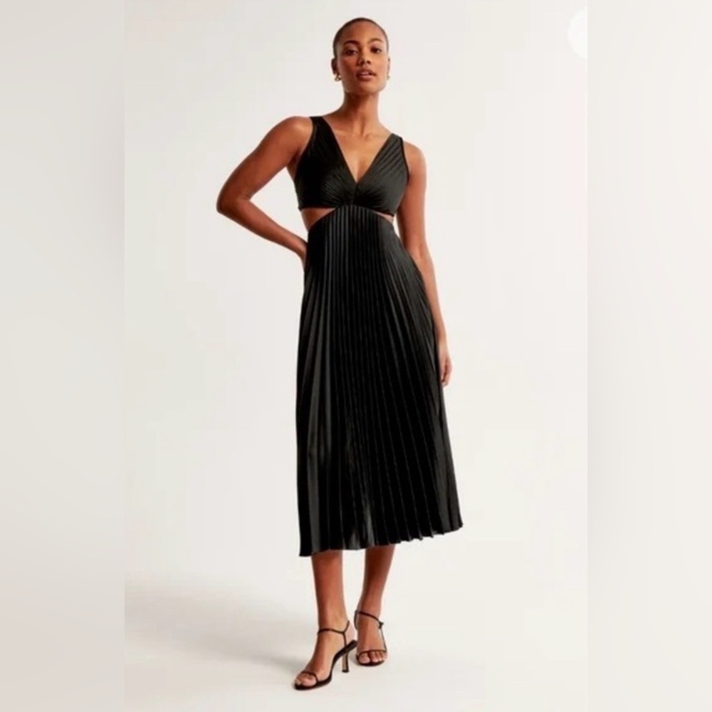 Abercrombie & Fitch Black Satin Cut Out Dress - Giselle Pleated SMALL